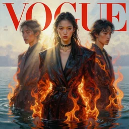 3 d, fashion model, flame, liquid water, morning, sun rays, vogue cover style, poster art, high detail, intricate oil painting, multiple exposure, hell mood, cinematic, hyperrealism, by tooth wu and wlop and beeple and greg rutkowski