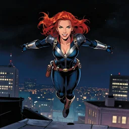 rafeal albuquerque comic art, joshua middleton comic art, cinematics lighting, night time, pretty scarlett johansson black widow, big smirk, symmetrical face, symmetrical eyes, long red hair, full body, flying in the air, jumping off rooftop