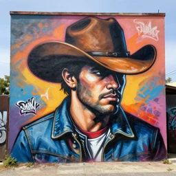 cowboy as graffiti mural by lee, masterpiece, trending on artstation