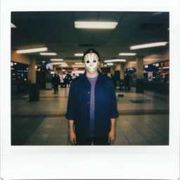 jason voorhees lost in an empty eighties mall after hours, polaroid, flash photography