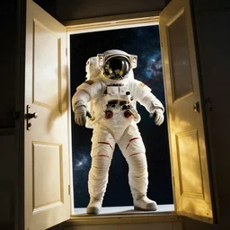 golden ratio, photo realism, space astronaut opening door that shows space and time created by stan lee with extra detail, epic.
