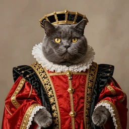 fat dark gray cat with yellow eyes dressed like henry viii, tudor period robes in scarlet gold black, tudor bonnet, luxurious, opulent, regal, royal portrait, hans holbein the younger, greg rutkowski