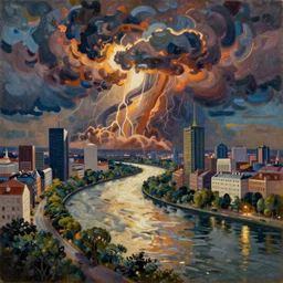 river, thunder, city, intricate oil painting by greg rutkowski, trending on artstation