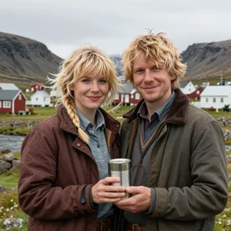a highly detailed portrait of a couple holding a tin can, remote icelandic village, blonde hair, trending on artstation,
