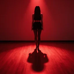 she stands in the room, the red light from above outlines the perfect shape of her shadow on the floor below