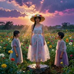 woman in a flower garden, rainy, brilliant god rays, vibrant colorful twilight clouds, diaphanous skirts, sunhat with flowers, hearthstone, by conrad roset and ruan jia and mucha,