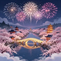 fireworks, night light, arch bridge, chinese buildings in vally, cherry blossoms, lake, cloud, wlop, fairy tale, light effect, dream, greg rutkowski, james gurnev. artstation