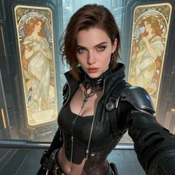 woman character wearing cyberpunk clothing in a sci - fi city, high detail, crisp shading, in the style of greg rutkowski and alphonse mucha and lisa frank, selfie