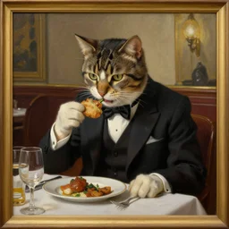 a gentleman cat in a suit is eating in a very expensive restaurant, oil painting without frame, classical painting, high definition, digital art, matte painting, very detailed