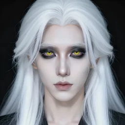 portrait of an ethereal androgynous pale man with yellow eyes, black eye shadow, and long white hair