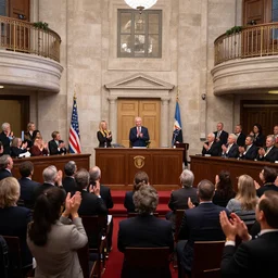 congress assembling in an old stone building, applauding their new leader