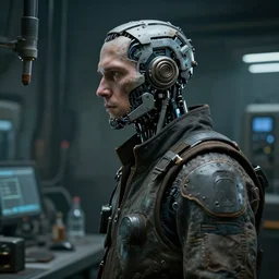 a rugged laboratory engineer man with cybernetic enhancements as seen from a distance, scifi character portrait by greg rutkowski, craig mullins, daytoner, 1 / 4 headshot, cinematic lighting, dystopian scifi gear, gloomy, profile picture, mechanical, cyborg, half robot, implants, dieselpunk