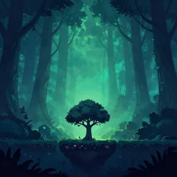 distant tree silhouettes, magical enchanted forest, parallax background layer from a gorgeous indie platform game