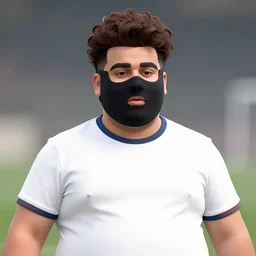 overweight kurdish soccer player with face mask and great hair