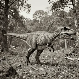 hyper realistic vintage photograph of a real dinosaur in a forest, ultra detailed, grain, old, monochrome, sepia toned, realistic lighting, wide angle