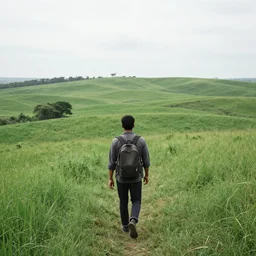 Man wandering new lands for greener opportunities