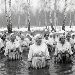 movie still by tarkovsky of a crowd of elder women in a dirty white dress drowned in a swamp with snow and birch, cinestill 8 0 0 t 3 5 mm b & w, heavy grain, high quality, muddy, foggy