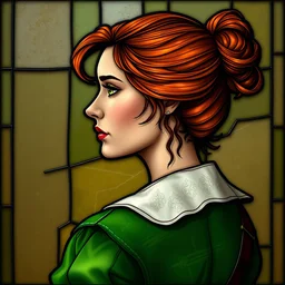 beautiful and detailed portrait of triss merigold from the witcher 3, profile view, side view, green jacket with a white collar, auburn hair in a bun, stained glass art, by alphone mucha, very masterful