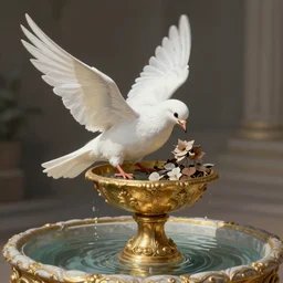 a white dove holding a host in a golden cup fountain. intricate, elegant, highly detailed, digital painting, artstation, concept art, sharp focus, illustration, by justin gerard and artgerm, 8 k