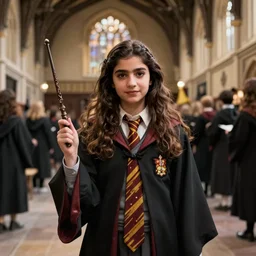 Malala Yousafzai as a witch from Harry Potter, wearing Hogwarts robes and holding a wand, in the Hogwarts great hall, film still from Harry Potter