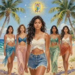 a ultradetailed beautiful painting of a latina brazilian girl in amazonas beach by hsiao ron cheng, ngai victo, nivanh chanthara jean delville wlop and dougherty patrick, trending on artstation, mediterranean, palm trees, light sparkles, major arcana sky, sharp focus, soft light