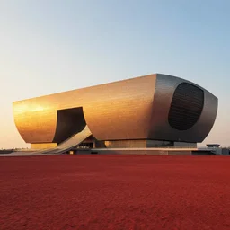 the museum of tomorrow located at red beach in tianjin during golden hour, beautiful, massive scale, octane render, 4 k quality
