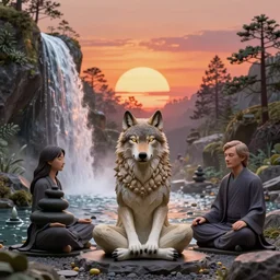 an 8k resolution matte painting of a wolf meditating near a zen waterfall at sunset, by greg rutkowski and thomas kinkade