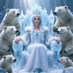 highly detailed closeup portrait of an eskimo snow, ice princess wearing a crown and sitting on an ice throne surrounded by fluffy bears, nicoletta ceccoli, mark ryden, lostfish, earl nore, global illumination, god rays, detailed and intricate environment