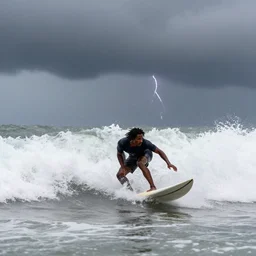 a wide angle dynamic action photo of a black man with dreadlocks surfing in a thunderstorm, large violent waves, by clark little and rhads