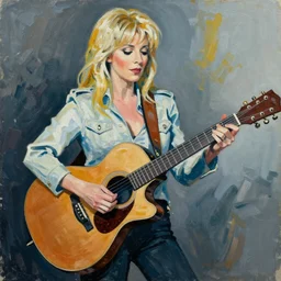Debbie Harry playing guitar painted in the style of Frank Auerbach
