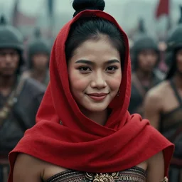 a ultra high resolution close - up of a beautiful young thai warlord standing in crowd of battlefield, looking down at the camera. his face is partially obscured by a red scarf, and she has a smiling expression. the light is dim, and the colours are muted. kodak etkar 1 0 0