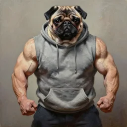 muscular pug  is a bodybuilder is wearing a hoodie , heavy texture natural rembrandt oil painting , aggressive pose