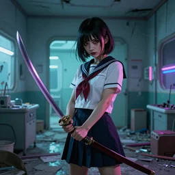 School girl holding a katana and standing on an abandoned hospital room,horror sccene, illustrated by Greg Rutkowski and Gaston Bussiere, 35mm lens, beautiful macro close-up imagery, vibrantly lush neon lighting, beautiful volumetric-lighting-style atmosphere, a futuristic atmosphere, intricate, detailed, photorealistic imagery, trending on artstation, 4k, 8k