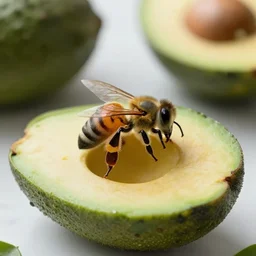 a food photography of a bee on avocado, low depth field, 8 k, high - resolution