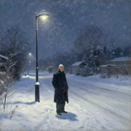 a thin bald grandfather without eyes stands on a snowy road near a luminous lamppost, winter, blizzard, night, cold, oil on canvas, naturalism