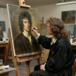 a photorealistic photograph of rembrandt at his studio. rembrandt is working on a canvas painting of young axl rose. axl rose is sitting in front of him. film still, vibrant colors. this 4 k hd image is trending on artstation, featured on behance, well - rendered, extra crisp, features intricate detail, epic composition and the style of unreal engine.