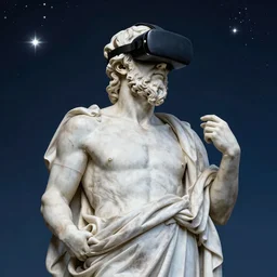 a statue of socrates wearing a vr headset looking up towards the stars, award-winning art