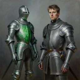 sir gawain next to the green knight. a 2 4. sleek style. art germ. high detail. beksinski. ultrarealism. oil on canvas
