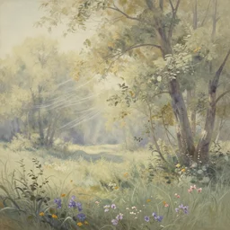 A drawing of a beautiful landscape, delicate brushstrokes. peaceful & serene, with a gentle breeze blowing through the trees & flowers. colors are muted & gentle, calm & tranquility. well balanced & harmonious. color & composition, pleasing to the eye & calming to the soul. calotype by Judy Chicago, by Ub Iwerks a e s t h e t i c, CGI