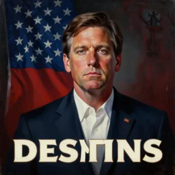 oil painting of Ron Desantis in front of a Betsy Ross flag, dark, creepy, ominous, modern propaganda poster style