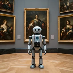 a professional photo of a museum full of classical oil paintings. in the middle of the floor stands a mean looking robot, holding a camera.
