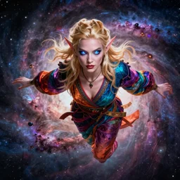 blonde female high elf with crazy glowing eyes in a multicolored robe,floatiung in front of a nebula, D&D, fantasy, intricate, cinematic lighting, highly detailed, digital painting, Artstation, concept art, smooth, sharp focus, illustration, art by Artgerm and Greg Rutkowski, Alphonse Mucha