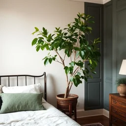 a plant of ficus benghalensis in a bedroom in london in the style of 1 9 th century botanical art