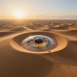 wide!!! landscape photo of desert that looks like a pupil!! and iris!!!, high detail, drone photo, golden hour, medium format