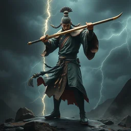 ancient ntricate oil game characterwhole body design of a chinese anicientwarrior in clothes with a broadsword, down hard, dark cloud and lightning on the grounddramatic lighting, cg, extremely detailed, 8 k, sophisticated