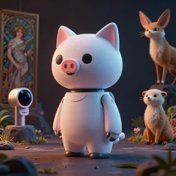 product photo of a futuristic happy surprised robot pet, minimalistic kindchenschema, by artgerm and greg rutkowski and marc newson and zaha hadid, alphonse mucha, zaha hadid, samsung apple webcam, sleek matte glossy materials, neon, kitten puppy pig otter fennec inspired. side view, volumetric light, detailed, octane render, midsommar