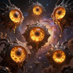 trapped cosmic deities with eyes made of interstellar stargates with molten honeycomb structure, intricate detail, royo, whealan, giger, hd, 8 k, octane render, unreal engine,