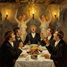 men having dinner, singing, roaring twenties, cellar, masterpiece, torches on wall, meat, wine, schnapps, smoking cigars, scantily clad blondes, oil painting by anders zorn and carl larsson, art nouveau
