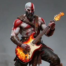 red face paint armored screaming kratos rocking out on a flaming stratocaster guitar, cinematic render, god of war 2 0 1 8, playstation studios official media, lightning, flames, left eye red stripe, red left eye stripe, left eye red stripe, red left eye stripe, clear, coherent