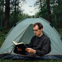 portrait of a man with eye glasses reading in a tent in the forest. plane in the sky far away. artwork by irving penn